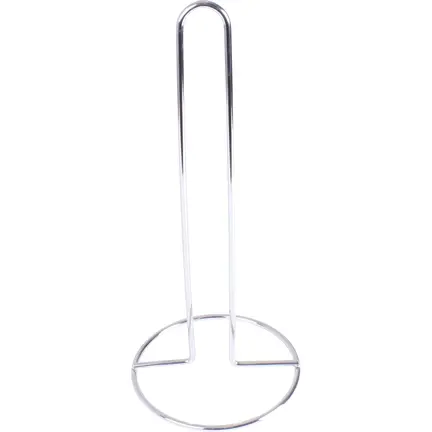 En sølv, fritstående papirhåndklædeholder / Køkkenrulleholder med en lodret stang og cirkulær base. Dens minimalistiske design har en enkel metaltrådskonstruktion. Velegnet til at holde papirhåndklæderuller i standardstørrelse.