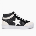 Sort glitter sneaker med hvide snørebånd, hvid sål og kontrastfulde paneler