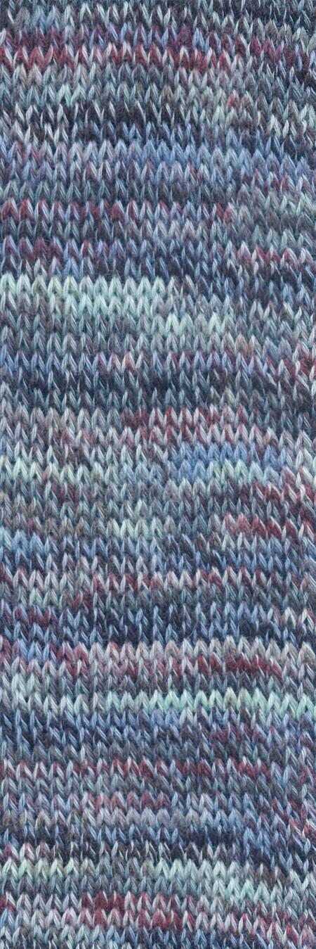 Strikket prøve i Lang Yarns Wool Addicts Footprints strømpegarn nr. 21 med melerede striber i blå, grå og vinrøde toner