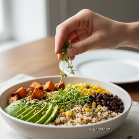 Grøn amaranth mikrogrønt drysses over en farverig bowl