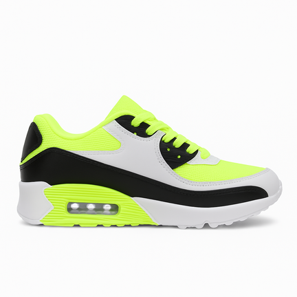 Damesneaker i neon gul, sort og hvid med synlig luftpude og moderne sporty design
