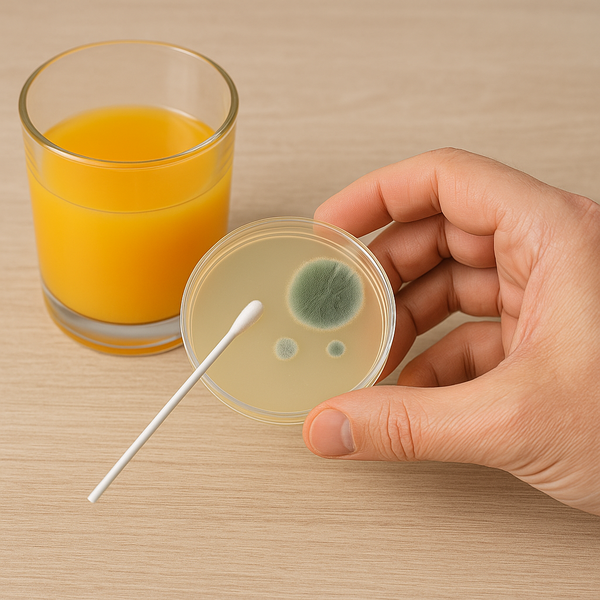 Billedet viser muligheden for at teste for skimmelsvamp i juice - alle kan gøre det.