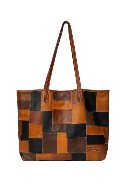Frontvisning af RE:DESIGNED Torn & Cut Project 19 shopper i patchworklæder med lange hanke
