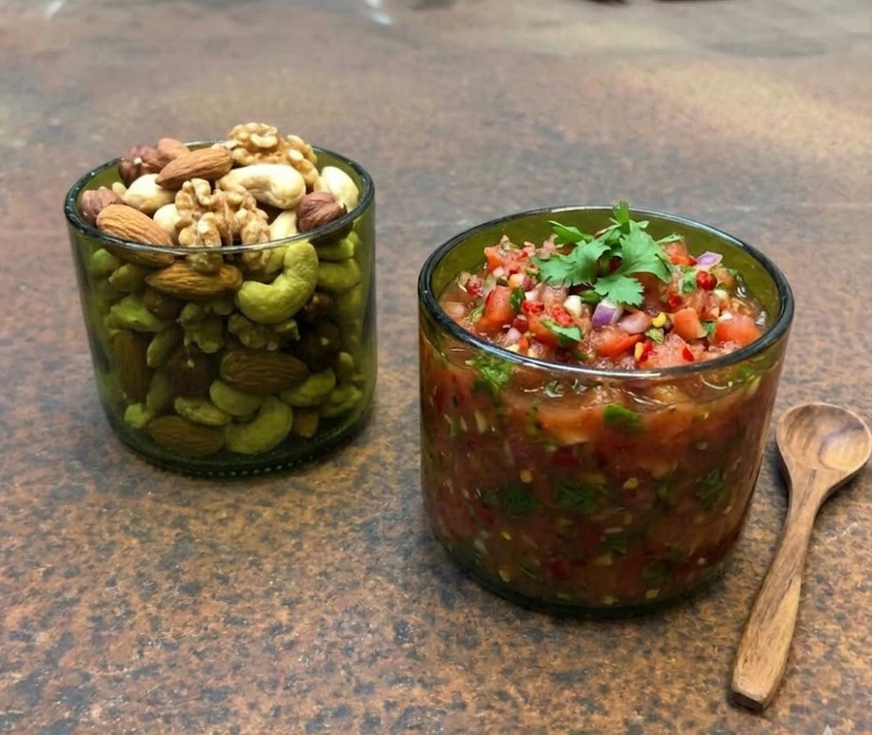 Snackskåle med salsa og nødder